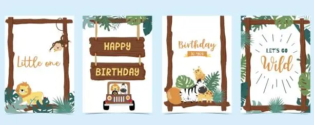 Vector illustration of Wood frame collection of safari background set.Editable vector illustration for birthday invitation,postcard and sticker