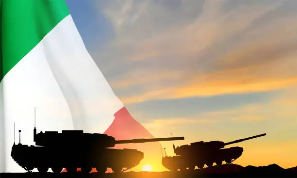 Vector illustration of Main battle tank on a battlefield against the sunset