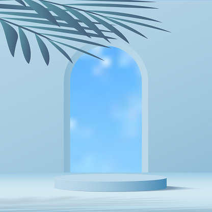 3d blue color podium and minimal blue sky scene. Vector illustration