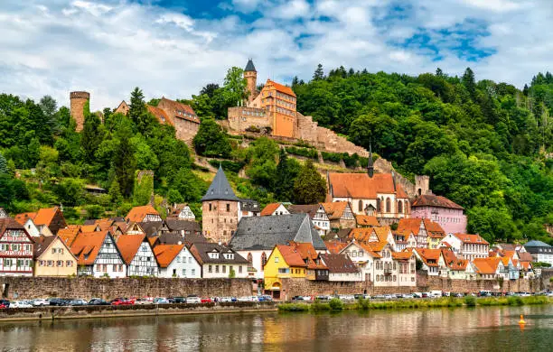 Hirschhorn town and castle on the Neckar river in Odenwald - Hesse, Germany