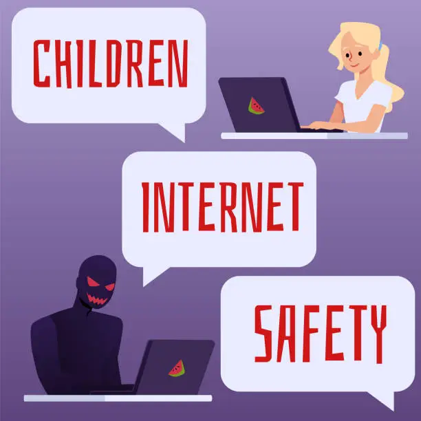 Vector illustration of Children internet safety concept, flat vector illustration. Girl communicating with evil anonymous stranger on the internet. Parental control for safe internet browsing for kids.