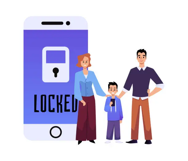 Vector illustration of Parents providing safe internet for child, flat vector illustration isolated on white background. Kids smartphone with locked sign. Restriction of inappropriate content on social media.