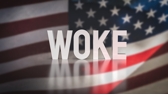 Woke text on America flag background  3d rendering