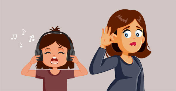 ilustrações de stock, clip art, desenhos animados e ícones de curious parent trying to overhear offensive music from child headphones - parent mother music listening