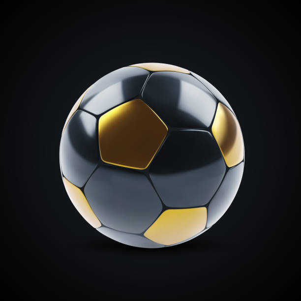 istock Black and gold soccer ball on a black background 1477364228