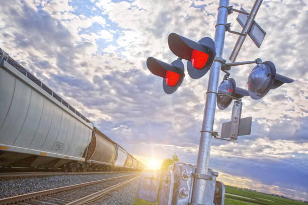 istock Rural railway crossing with safety lights and freight train. 1477365217