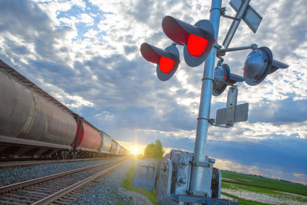 安全灯と貨物列車を備えた田舎の踏切。 - crossing railroad track boundary gate ストックフォトと画像