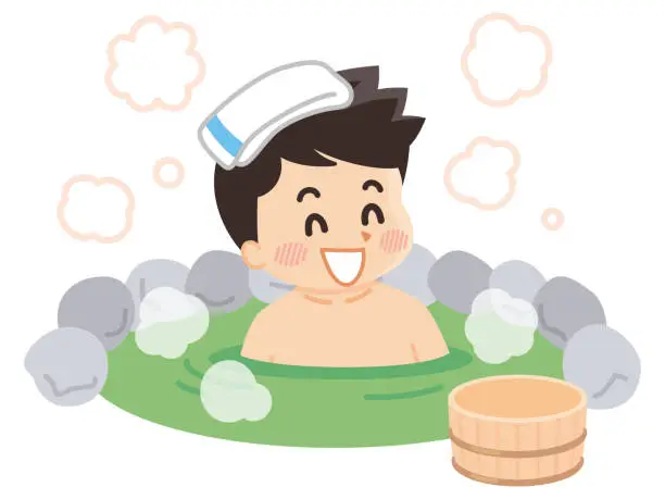 Vector illustration of Man bathing in a hot spring