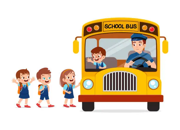 Vector illustration of little kids boy and girl ride school bus and go to school