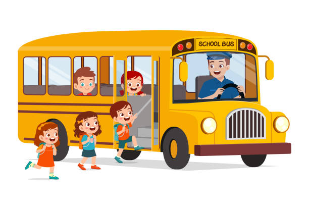 ilustrações de stock, clip art, desenhos animados e ícones de little kids boy and girl ride school bus and go to school - bus school bus education cartoon