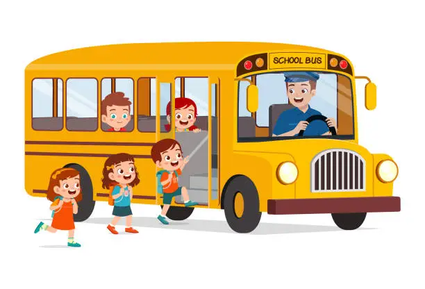 Vector illustration of little kids boy and girl ride school bus and go to school