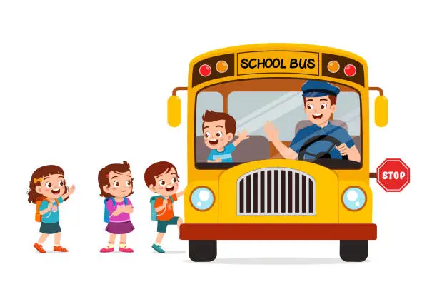Vector illustration of little kids boy and girl ride school bus and go to school
