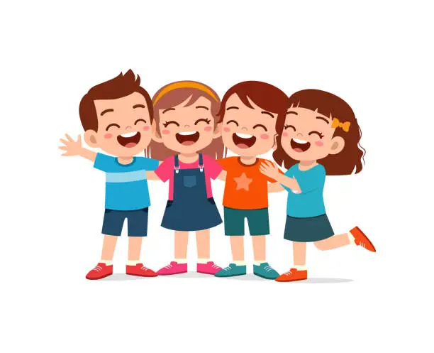 Vector illustration of little kids huddle together with friends and feel happy