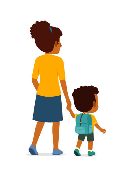 小さな子供が母親と手をつないで一緒に学校に行く - family single mother black mother点のイラスト素材／クリップアート素材／マンガ素材／アイコン素材