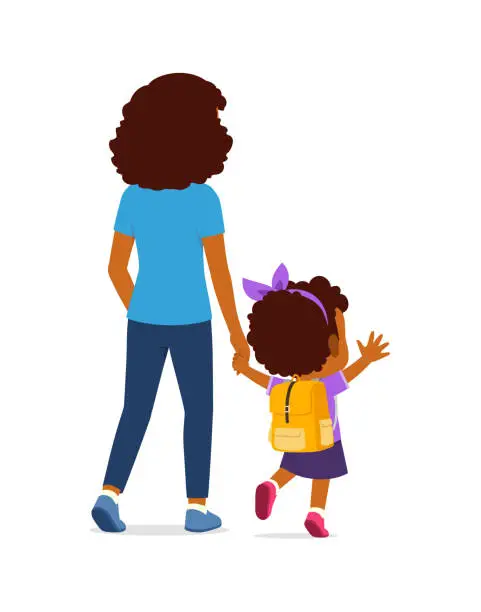 Vector illustration of little kid holding hand with mother and go to school together