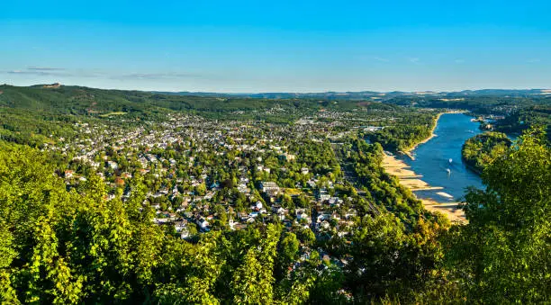 View from the Drachenfels to Bad Honnef and the Rhine river. North Rhine-Westphalia, Germany