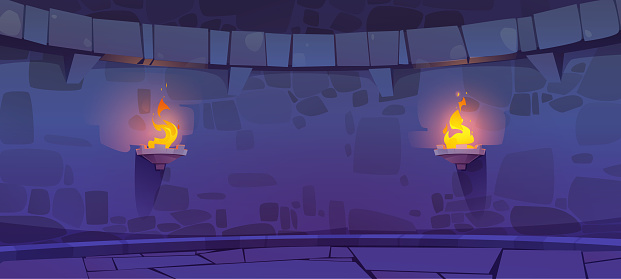 Castle dungeon interior with stone brick walls and torches. Empty basement of medieval temple, palace or fort tower with fire on wall at night, vector cartoon illustration