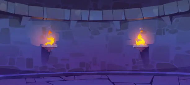 Vector illustration of Castle dungeon interior with torches