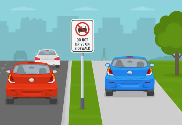 Vector illustration of Do not drive on sidewalk traffic sign. Car moves on the sidewalk to avoid a traffic jam. Back view of a traffic flow.