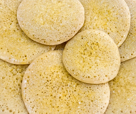 Pancake texture on the top side. Full screen of pancake texture for background. Porous texture or holes texture of pancake. This cake is also use for making dorayaki. Group of pancake or dorayaki