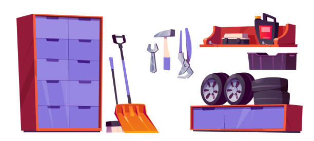 ilustrações, clipart, desenhos animados e ícones de conjunto interior da garagem, oficina ou arrecadação - garage organization house basement