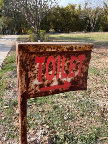 istock Close-up image of rusty, rectangular free standing toilet sign with arrow, footpath in public park, advisory board sign on grass lawn, focus on foreground 1477381385
