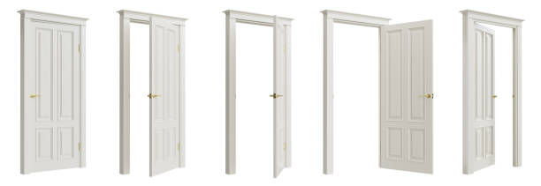 istock Set of white doors in various stages of opening, isolated on white background. 3D render. Clipping path included. 1477383780