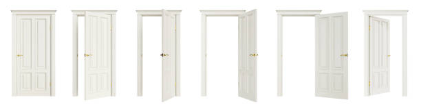 istock Set of white doors in various stages of opening, isolated on white background. 3D render. Clipping path included. 1477383781