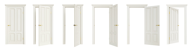 Set of white doors in various stages of opening, isolated on white background. 3D render. 3D illustration. Clipping path included.