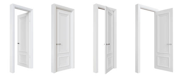 conjunto de puertas blancas en varias etapas de apertura, aisladas sobre fondo blanco. renderizado 3d. ruta de recorte incluida. - puerta lateral fotografías e imágenes de stock