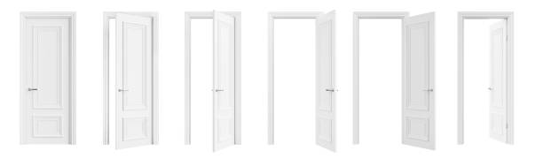 istock Set of white doors in various stages of opening, isolated on white background. 3D render. Clipping path included. 1477383783
