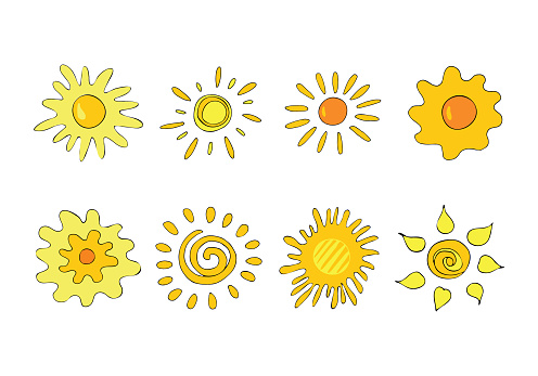 Hand drawn cartoon style suns. Set of different suns  isolated on white. background