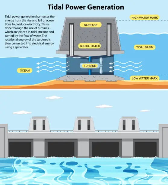 Vector illustration of Tidal Electricity Concept for Science Education