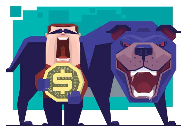 Vector illustration of scammer holding digital coin beside angry dog