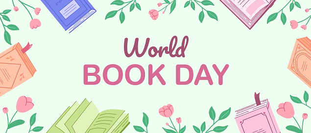 Horizontal banner for world book day celebration. Floral background with books for literary events in libraries, bookstores.