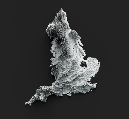 Relief map of United Kingdom on grey background 3d illustration\nSource Map Data: tangrams.github.io/heightmapper/,\nSoftware Cinema 4d