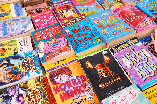13 March 2023, Pune, India, Children's books at book stall in India, stories, Literature for kids. Books for boys and girls. Children's reading. Colorful books covers.