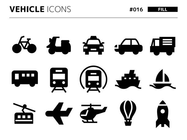 набор значков стиля заливки, связанный с vehicle_016 - silhouette bus symbol motor scooter stock illustrations