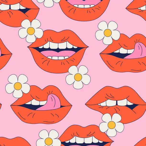 Vector illustration of Comic female lips background in pop art, psychedelic hippie retro style.