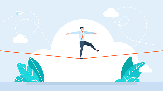 Business risk and professional strategy concept. Businessman walking on balancing slackline rope. Conquering adversity problems solution. Businessman walking on rope. Flat style. Vector illustration