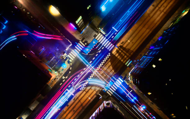 Aerial view of traffic at night