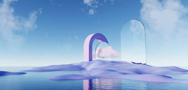 istock 3d render Surreal pastel landscape background with geometric shapes, abstract fantastic desert dune in seasoning landscape with arches, panoramic, futuristic scene with copy space, blue sky and cloudy 1477406103