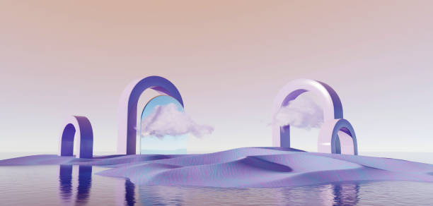 istock 3d render Surreal pastel landscape background with geometric shapes, abstract fantastic desert dune in seasoning landscape with arches, panoramic, futuristic scene with copy space, blue sky and cloudy 1477406119