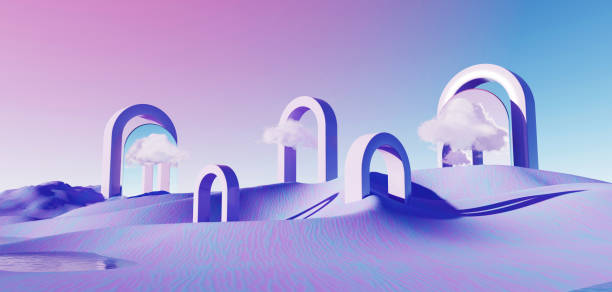 istock 3d render Surreal pastel landscape background with geometric shapes, abstract fantastic desert dune in seasoning landscape with arches, panoramic, futuristic scene with copy space, blue sky and cloudy 1477406162