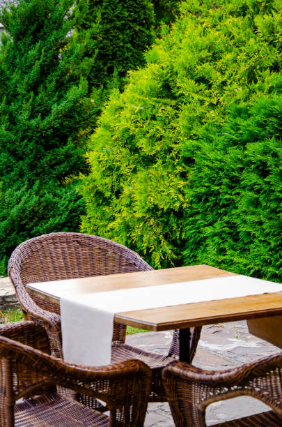 istock A table outside with a beautiful park in the background. For coffee shop background. 1477408046
