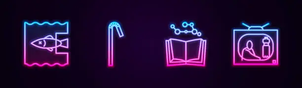 Vector illustration of Set line Stop ocean plastic pollution, Drinking straw, Open book and . Glowing neon icon. Vector