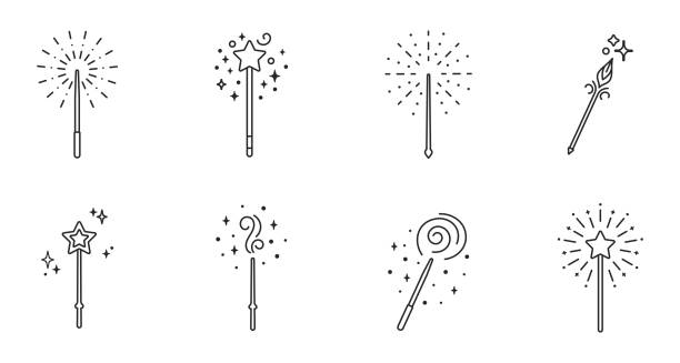 Magic wand line icon, fairy wand line art vector logo. Magic stick vector outline icon. Editable stroke Magic wand line icon, fairy wand line art vector logo. Magic stick vector outline icon. Editable stroke pics of the godmother stock illustrations