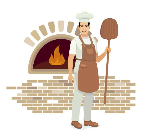 Vector illustration of Italian Pizza Chef cooking character.  n shovel