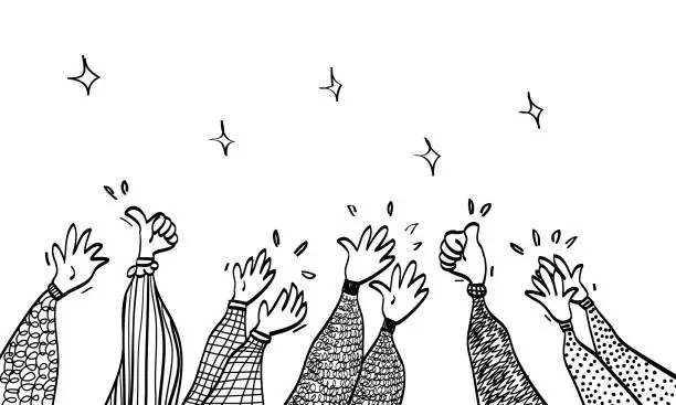 Vector illustration of hand drawn of hands clapping ovation. applause, thumbs up gesture on doodle style , vector illustration