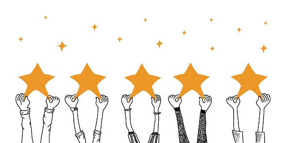 Five star rating positive feedback. doodle hands up. Happy satisfied people hands holding five gold star giving positive feedback